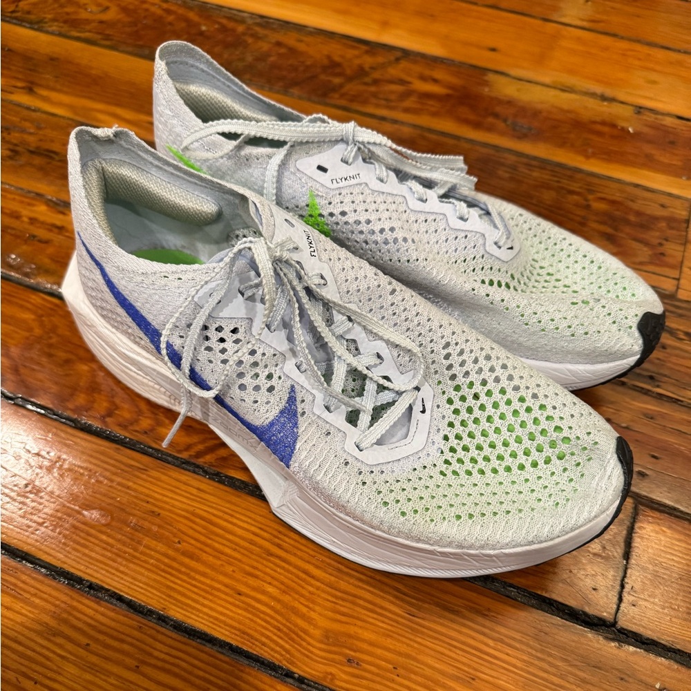 Nike ZoomX Vaporfly 3 in "Football Grey/Racer Blue" colors